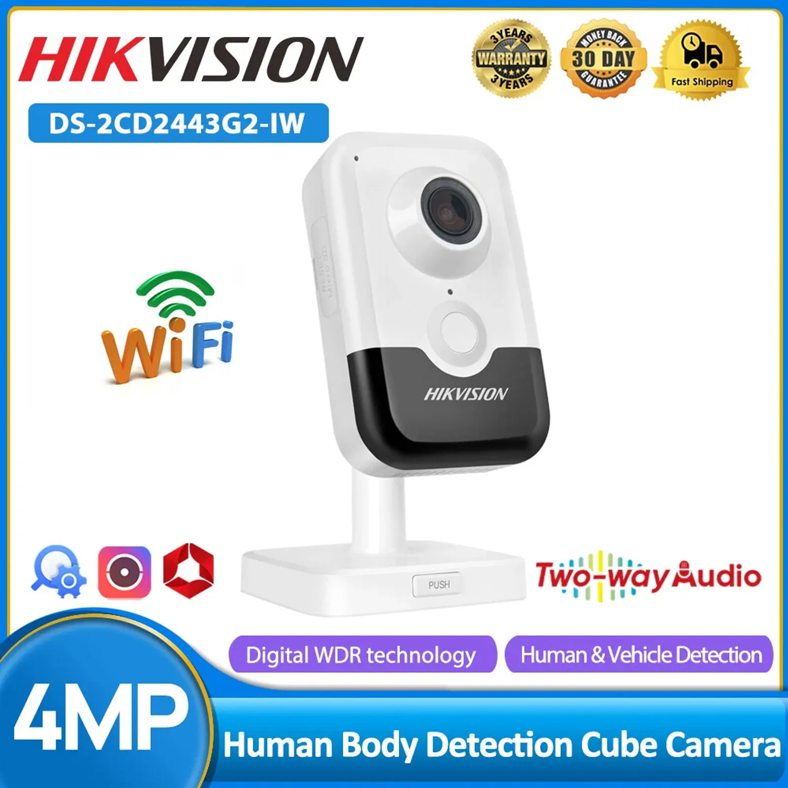

Hikvision DS-2CD2443G2-IW 4 МП Wi-Fi PoE IP-камера для помещений, кубическая, с AcuSense, обнаружением человека, двусторонней аудиосвязью, H.265+, слотом для SD-карты