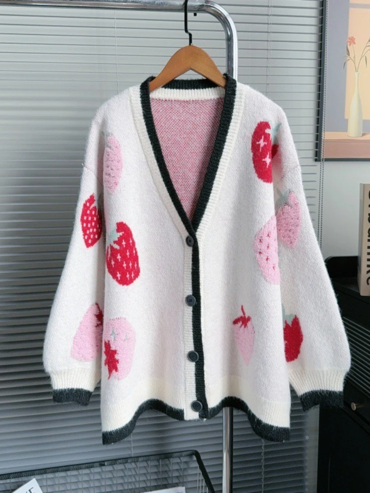 

Fashion Sweet Sweaters V Neck Long Sleeve Strawberry Jacquard Contrast Color Cardigan Lazy Style Design Knit Tops Women Clothing