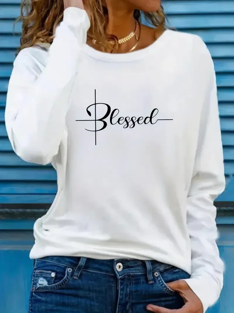2026 Fashion Y2k Blessed Print Crew Neck T-shirt Casual Top Long Sleeve T Shirt Women's Clothing Harajuku T Shirt