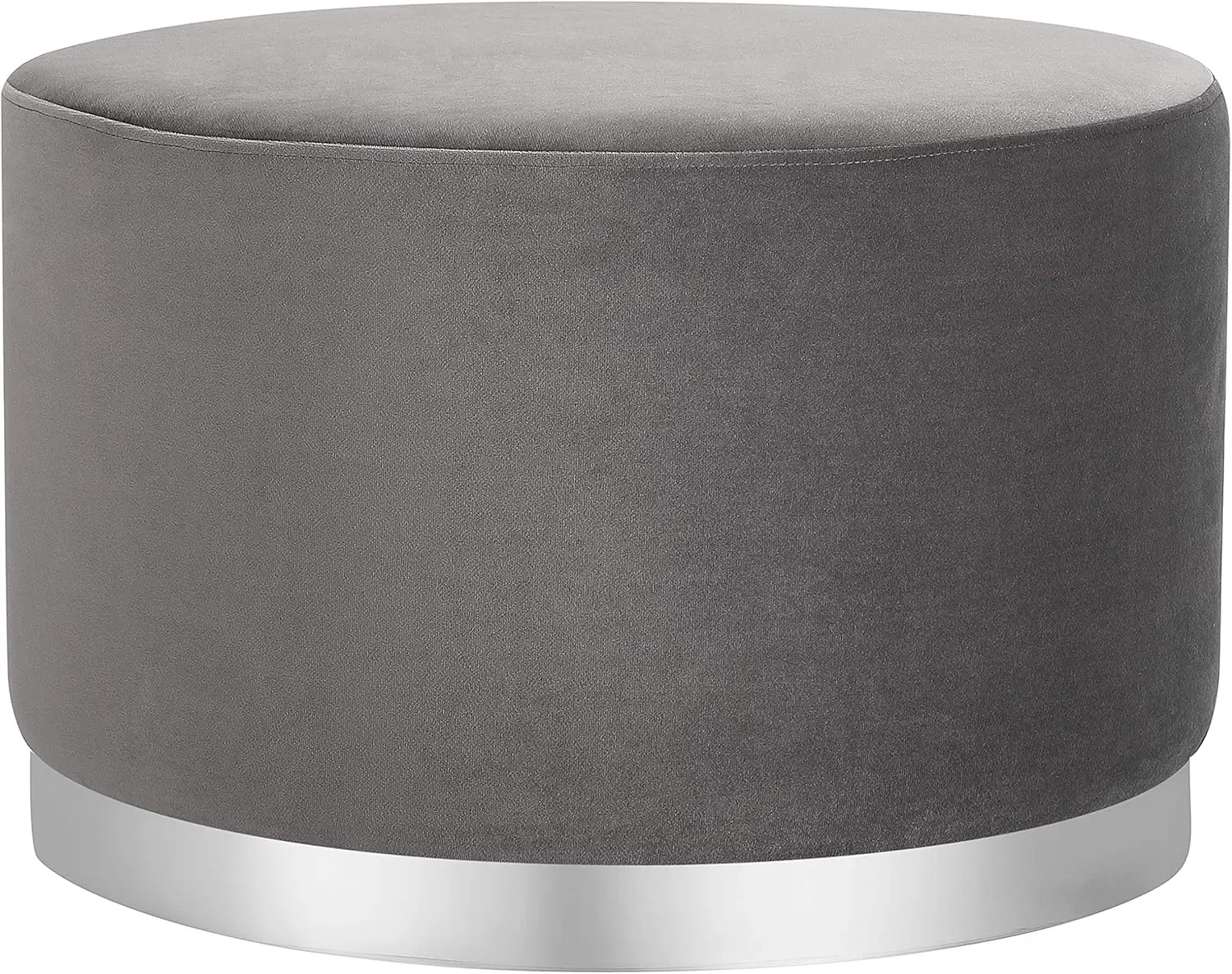 Round Grey Velvet Ottoman Foot Stool – Soft Large Padded Stool – Silver Trim - Coffee Table - Great for The Living Room or