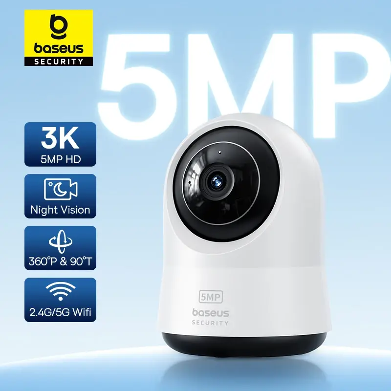 كاميرا IP من Baseus بدقة 5 ميجابكسل و3K، واي فاي، 2.4 جيجاهرتز/5 جيجاهرتز، حماية أمنية داخلية لاسلكية، دوران وتكبير رقمي 8x، كاميرات مراقبة صغيرة