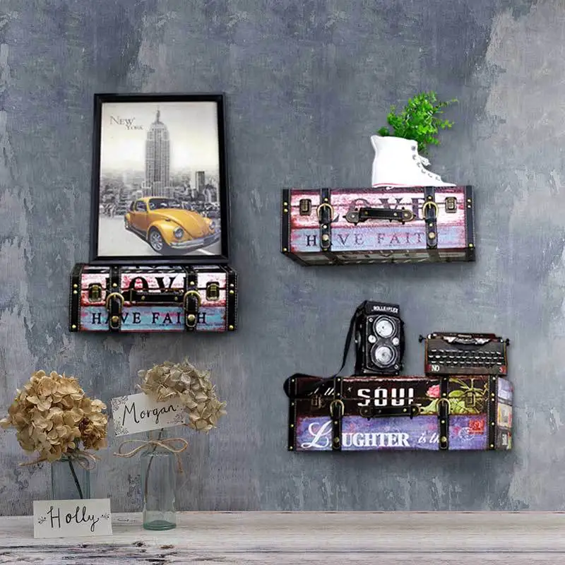 

Retro Wall-mounted Wooden Box Storage Ornament American Living Room Dining Room Store Wall Rack Suitcase Decoration