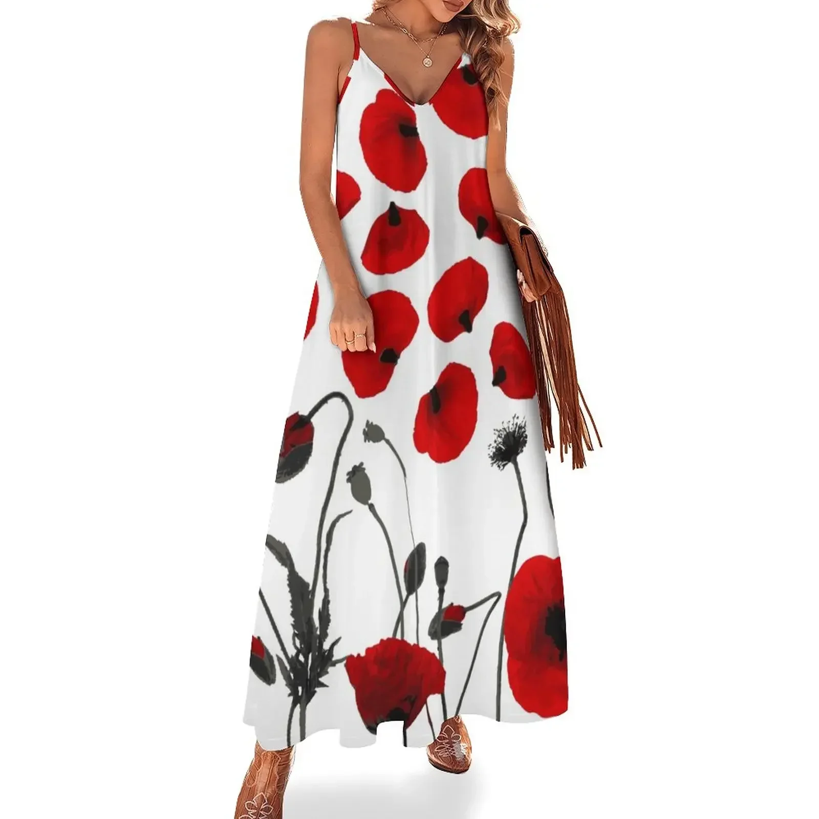 Modern Black and Red Flowers and Petals Sleeveless Dress Womens dresses ceremony dresses Dress