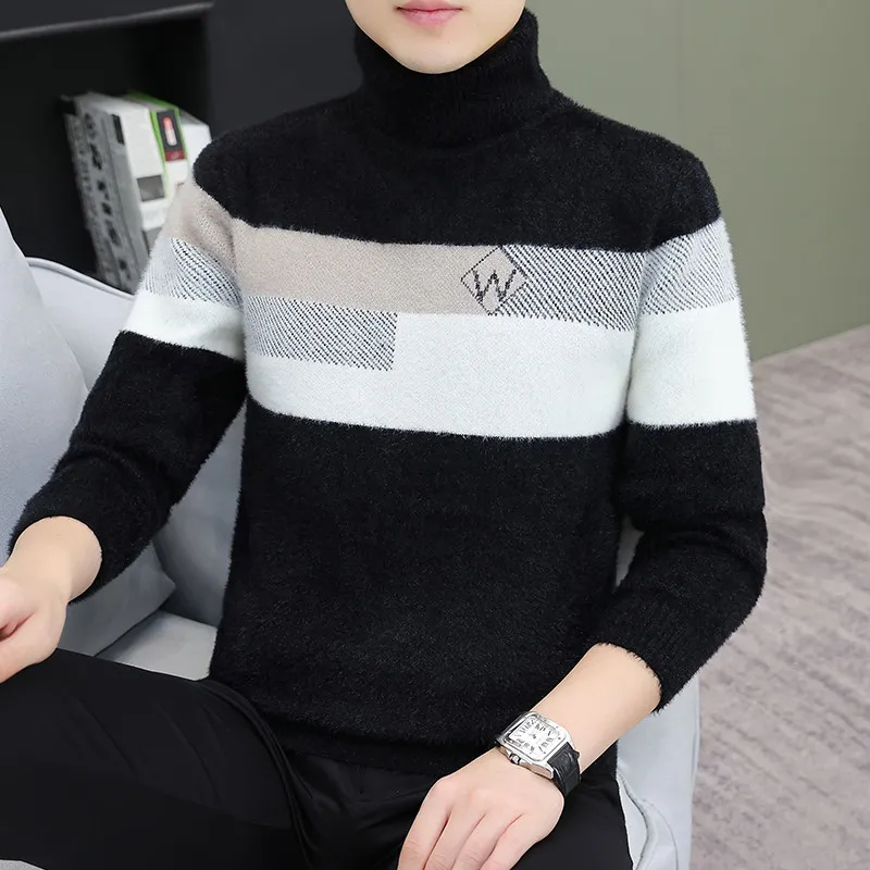 

Men's High Collar Faux Mink Sweater Slim Fit Base Layer irt Warm Inner Wear Fce Lined Knitted Stripe Faion Urban Wear