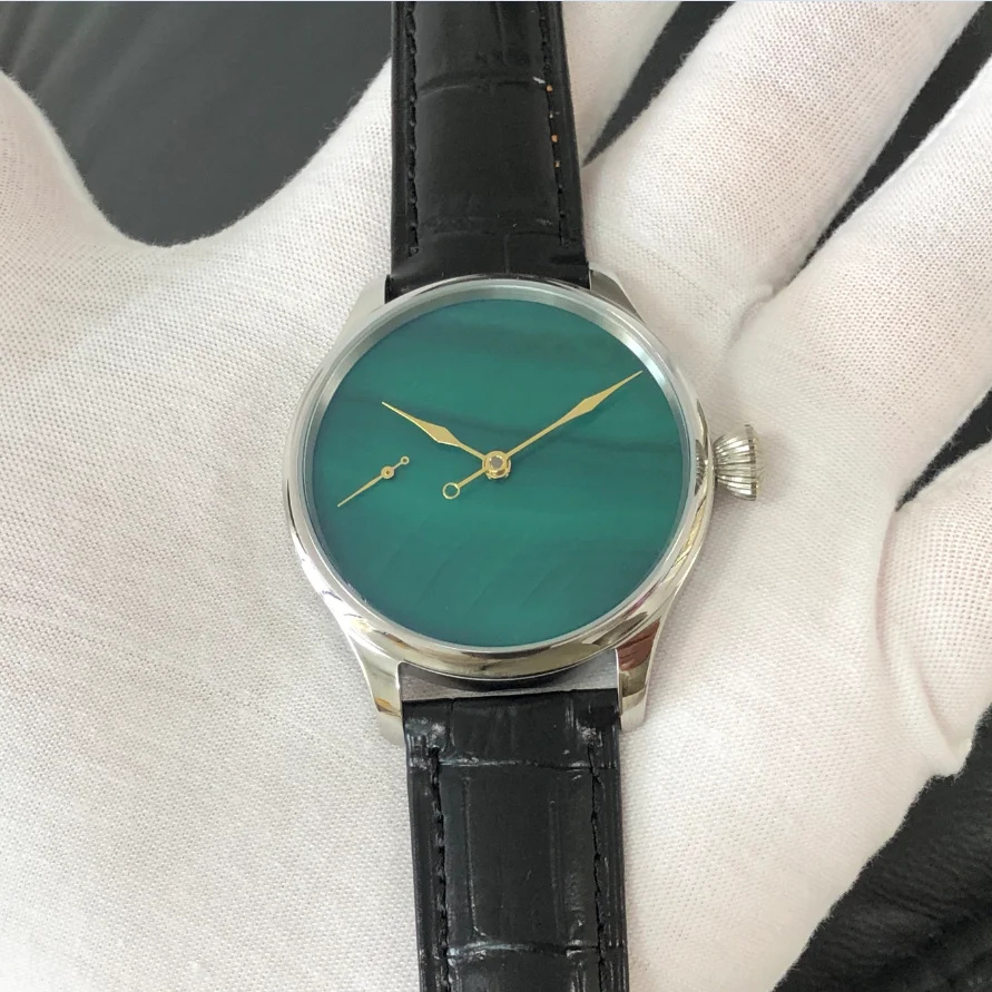 Reloj mecánico Manual ST3600, esfera Tianshu Fritillary verde Natural de 41Mm de diámetro pequeño, correa de piel de vaca