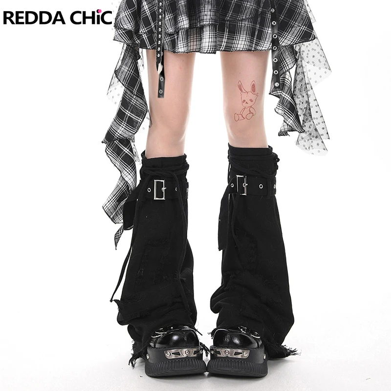 

REDDACHiC Grunge Goth Cross Patched Leg Warmers Retro Black Belt Stitch Raw Edge Denim Boots Cover Acubi Fashion Women Clothes
