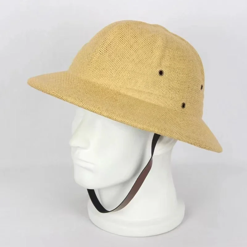 100% Straw Helmet Pith Sun Hat Summer Men Vietnam War Army Hat Dad Boater Bucket Hats Safari Jungle Miners Cap view 2