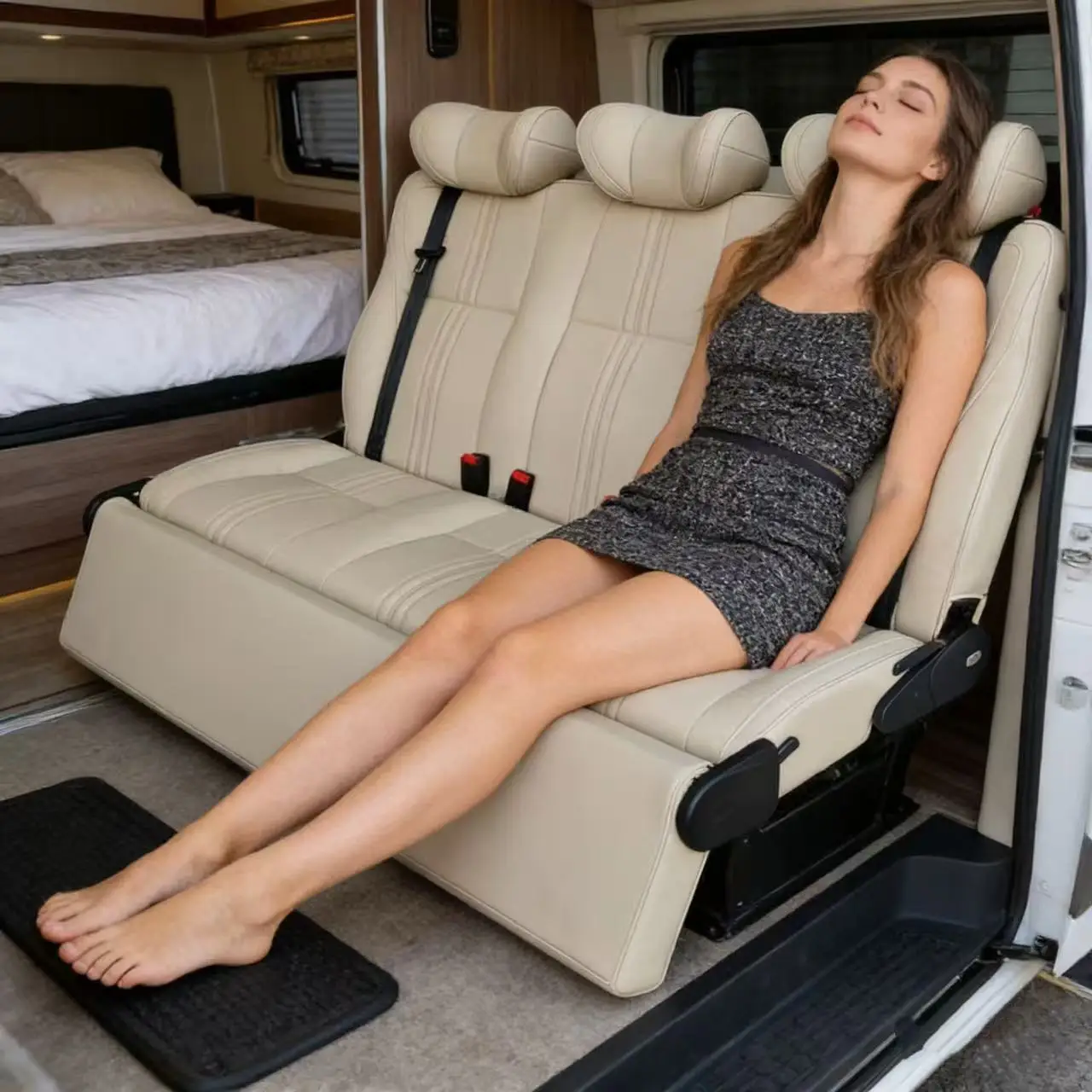 RV Swivel Seat,  Customized Leather High Backrest Comfortable Camper  Seat Bed Adjustable Headrest Backrest