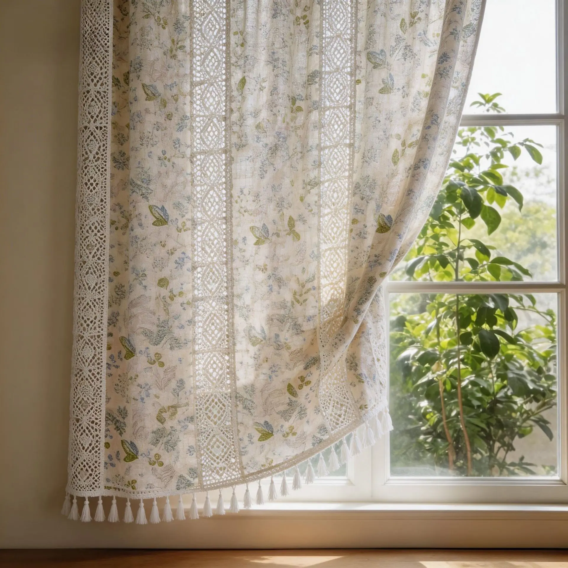 Vintage Floral Linen Curtain Hollow Crochet Lace Tassel Sheer Curtains Farmhouse Window Drapes Home Decor