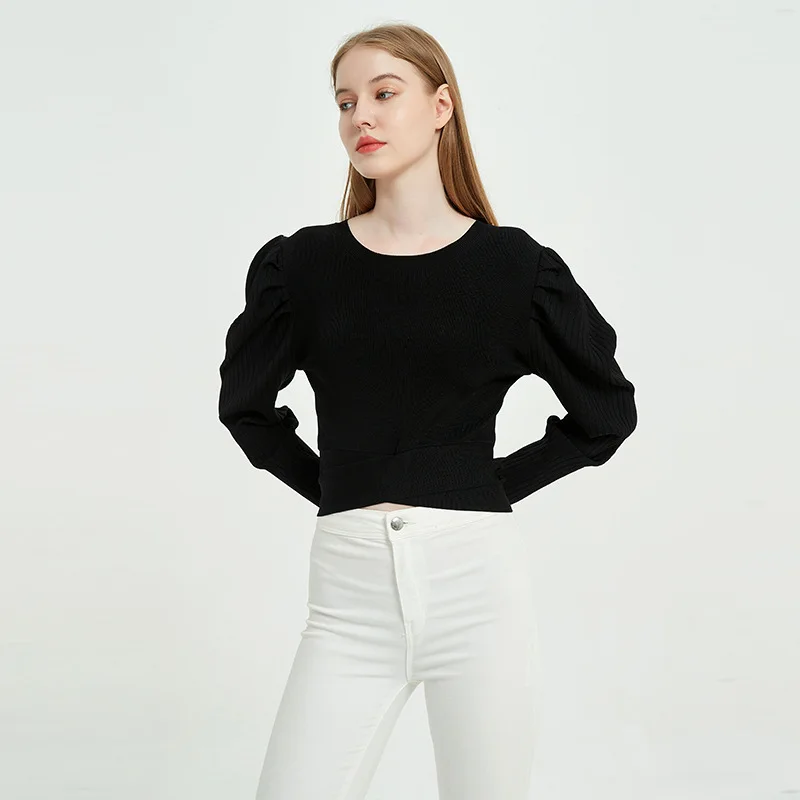 2024 New Short Bubble Sleeve Knitted Top For Women New Women's Tight Stretch Black Sweater  свитер Tops платья для женщин одежда