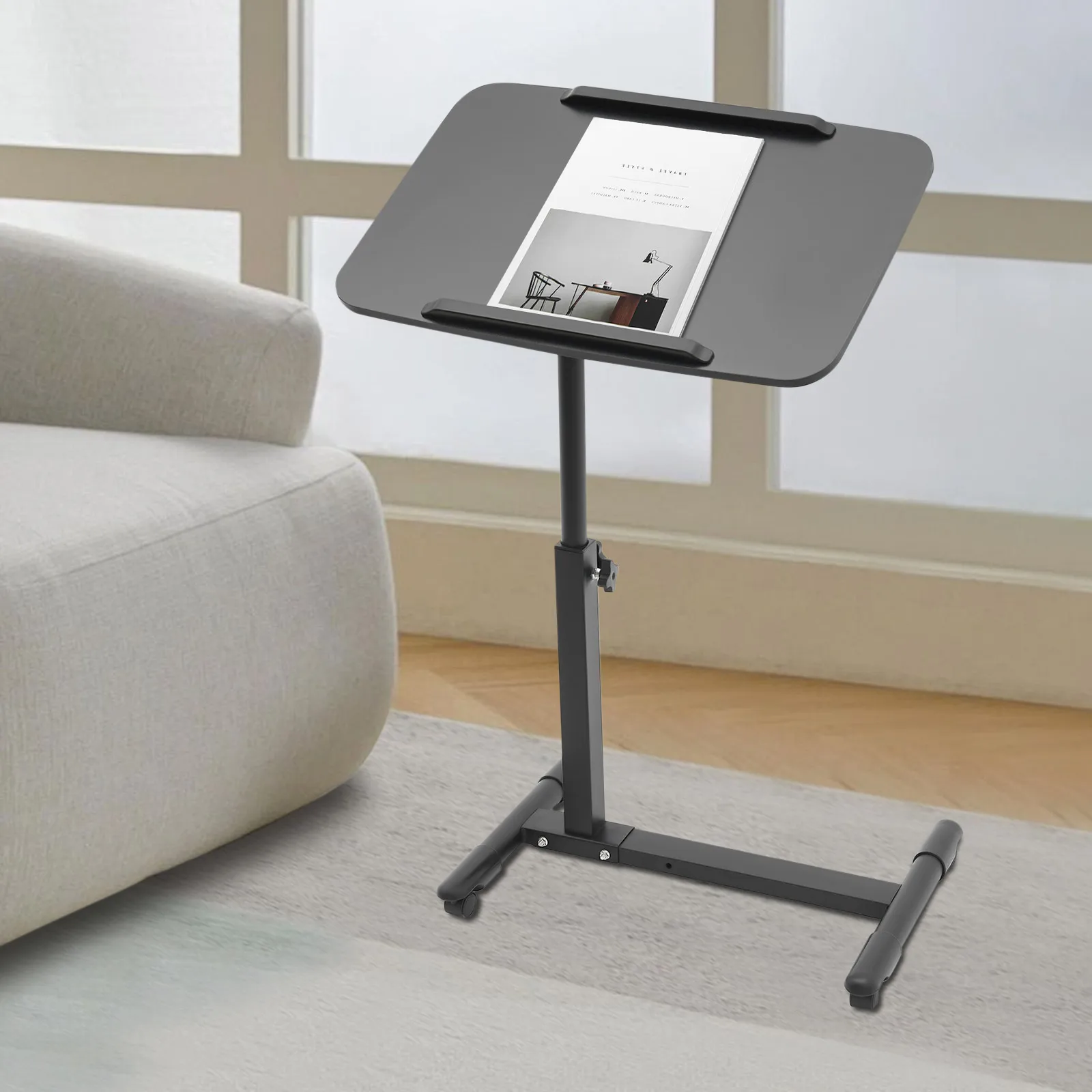 Bedside Table Over Bed Desk 44lbs Capacity Height Adjustable 65-90cm H Shaped Base with Hidden Wheels for Bedroom Sofa Hospital Home