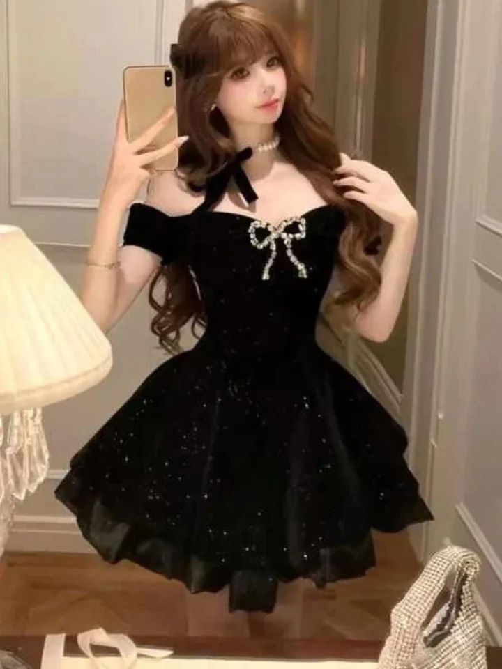 Vestido Negro de Fiesta de Noche para Mujer Gótico Hombro Descubierto Vintage Americano Y2k Mini Vestido Femenino para Oficina Cumpleaños Coreano 4
