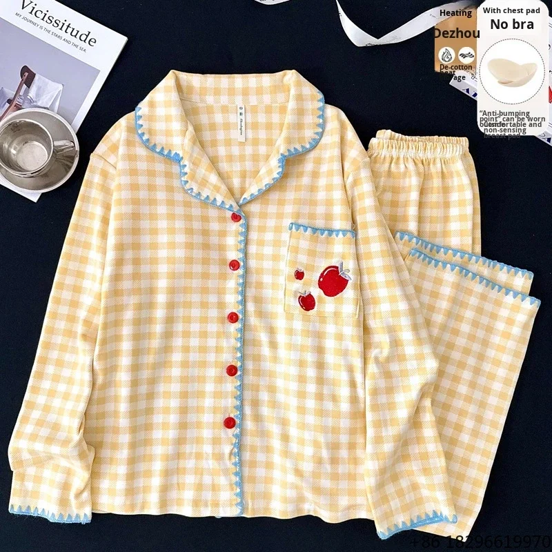 Winter New Female Nightgowns with Lapel Cartoon Chest Pad No Neckline Lovely Warm Home Clothing Suit Autumn