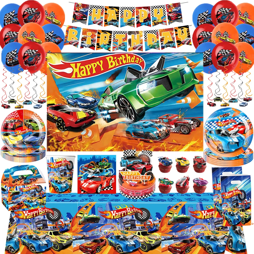 Hot Wheels – décoration de fête d'anniversaire à thème, tasse jetable, assiette, serviette, bannière, décoration de gâteau, réception-cadeau pour bébé pour enfants, fournitures de fête