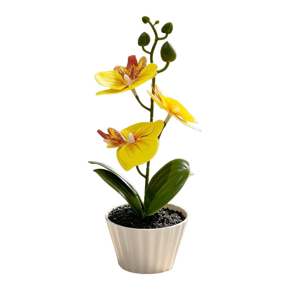 Artificial Phalaenopsis Orchid Fake Plant In Black Sand Pot Soft Rubber Bonsai For Home Office Tabletop Decoration Floral Decor