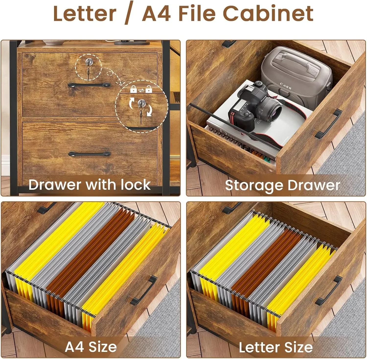 35.4” File Cabinet, Filing Cabinet fits Letter/A4 Size, 2 Drawe File Cabinets for Home Office with Power Strip, LED Light