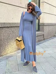 Elegant Solid Knitted Cardigan Long Dress Set Women Oversized Long Sweater Coat & Sleeveless Pleated Dress Two Piece Set Suit