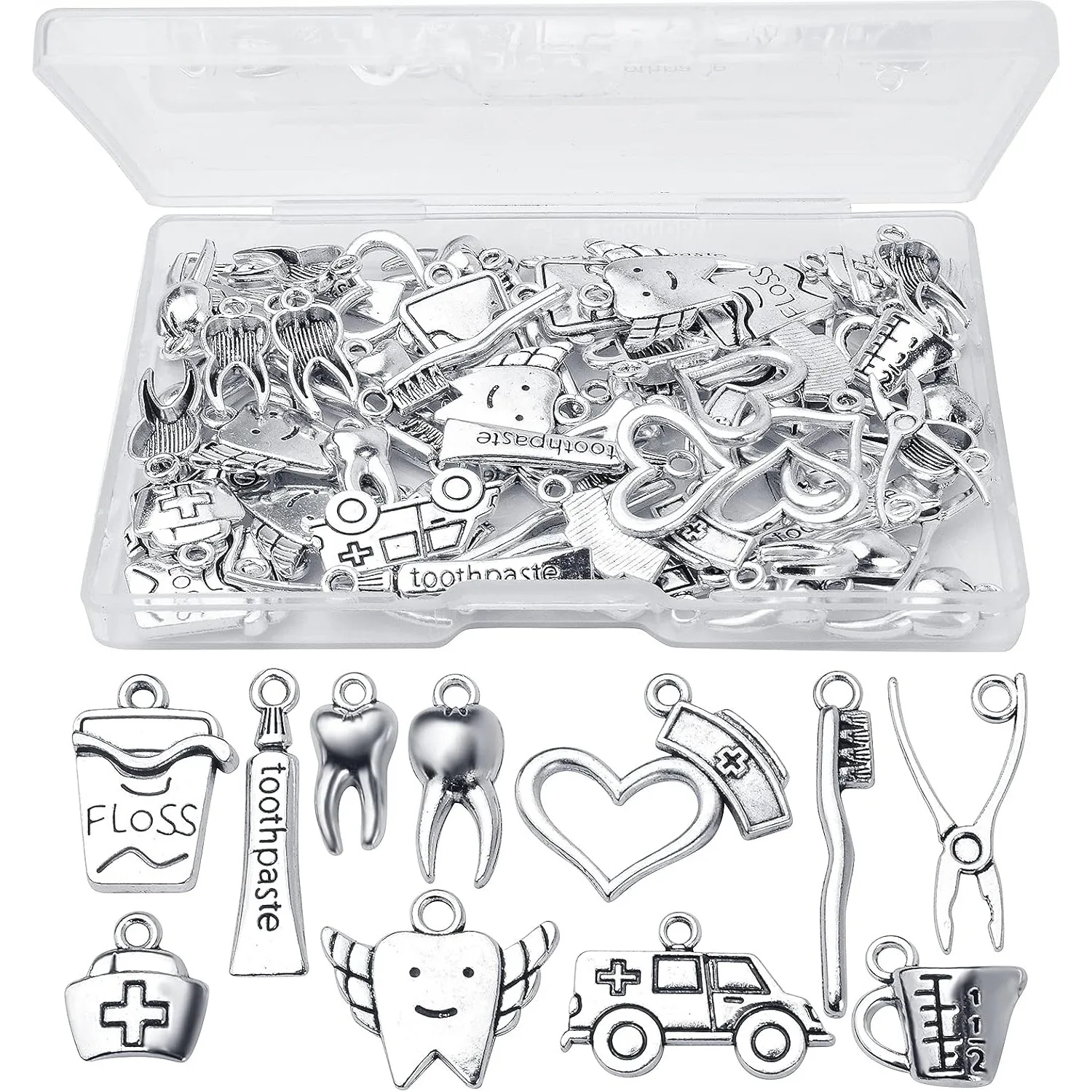 

72pcs Antique Silver Healthy Tooth Teeth Charms Dentist Dental Hygienist Pendants for DIY Jewelry Necklace Bracelet Making