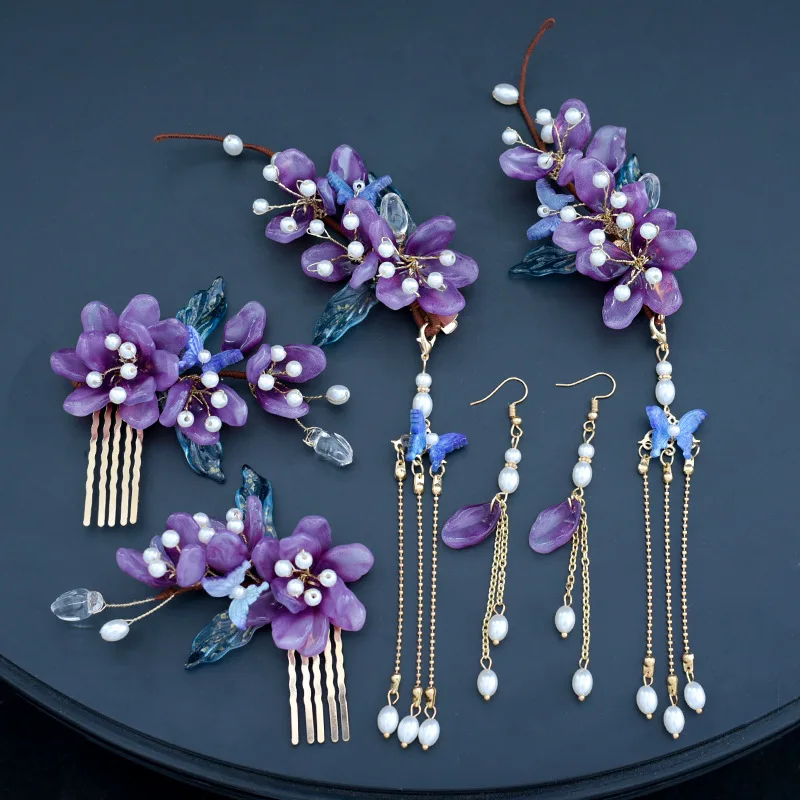 Chinese Glazed Flower Hairpin Purple Floral Hair Comb Fairy Tassel Tiaras Vintage Wedding Accessories Classic Hanfu Hair Jewelry