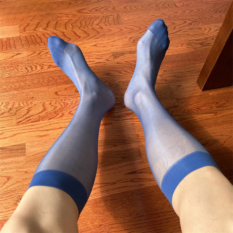 Mens Long Socks New Royal Blue Ultra Thin Transparent Stockings Men Sheer Sexy See Through Elastic Formal Dress Business Socks