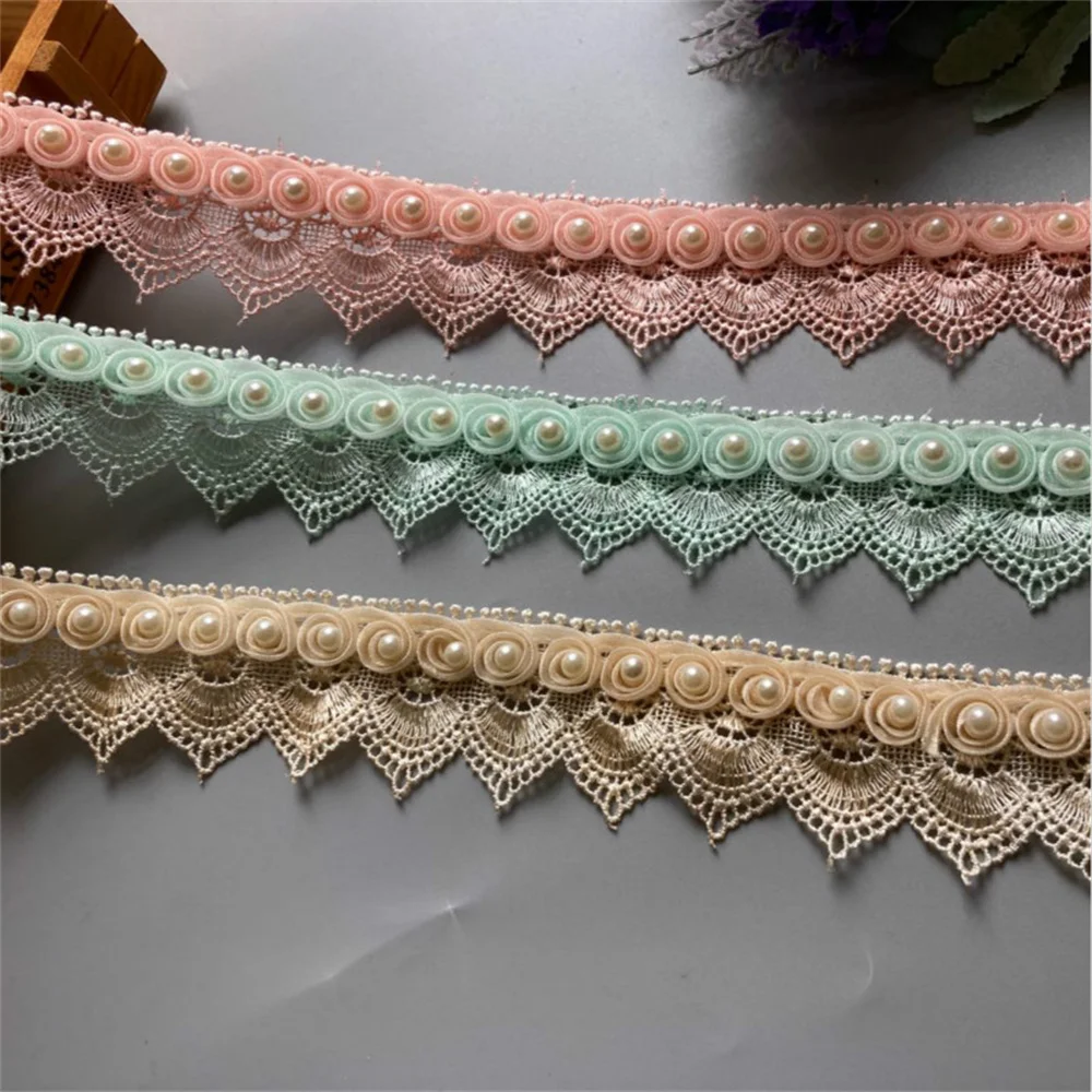 

2 Yard Pink Gold Sequin Ribbon Flowers Pearl Tassel Lace Trimmings Ribbons Beaded Lace Fabric Embroidered Sewing Wedding Dress