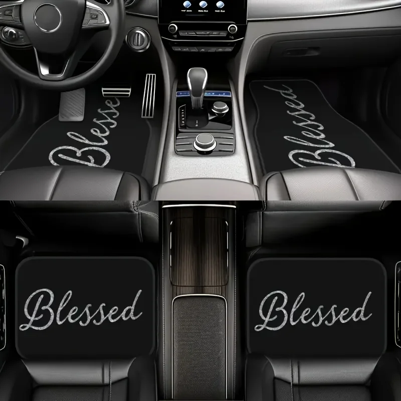 4pcs Blessed English Pattern Car Floor Mats Set - Durable, Easy-Clean Polyester, Fit For All Models - Stylish & Simple Interior