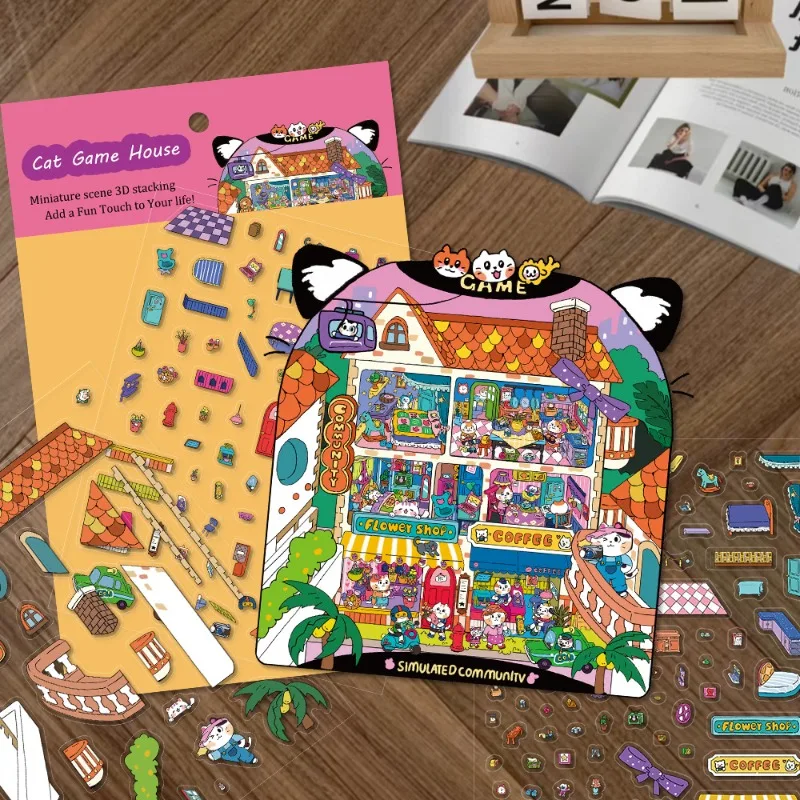 

Креативный дизайн, волшебное аниме-котенок, макет комнаты, наклейка сцены для детей, милый мультяшный кот, скрапбук, дневник, наклейка, пейзажная наклейка