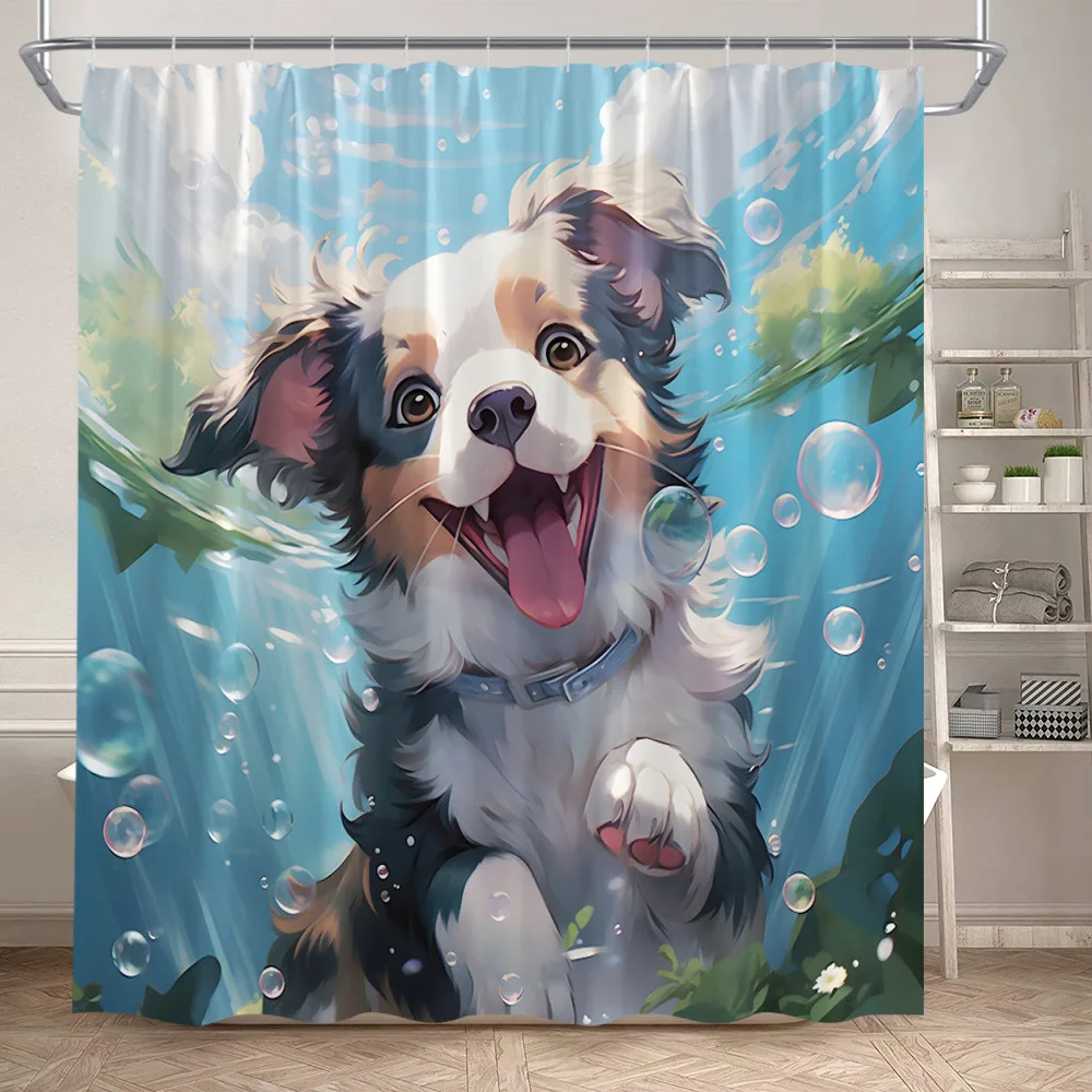 Funny Diving Cat Shower Curtain Cute Underwater Animals Fish Aquatic Plants Kids Bath Curtains Fabric Bathroom Decor With Hooks