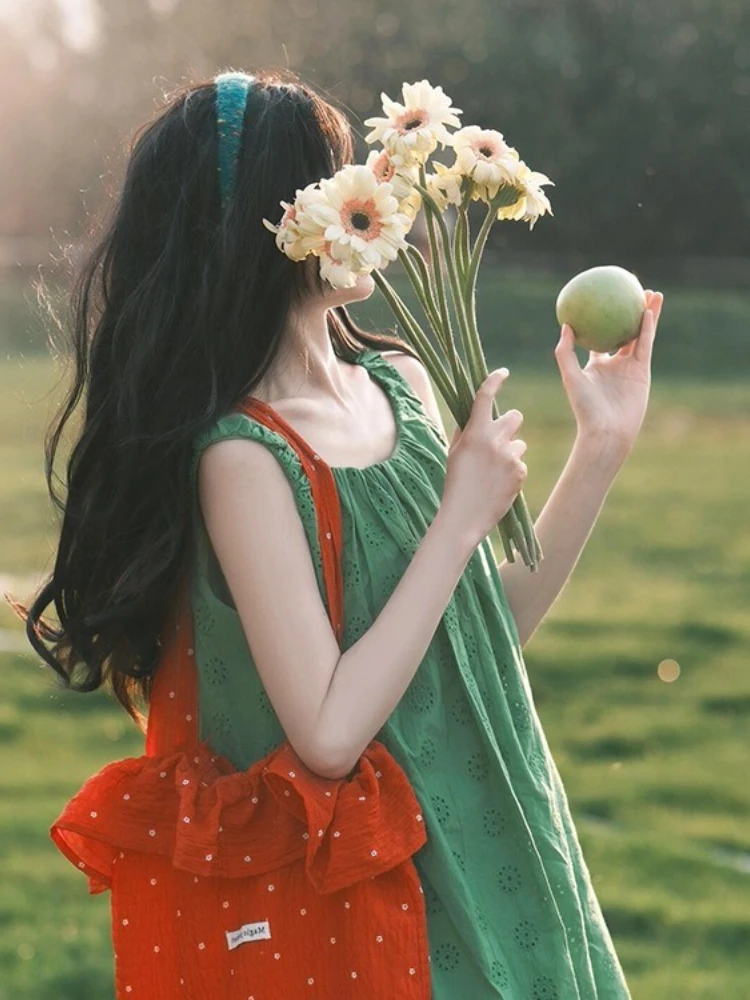 Grünes Kleid mit Blumendruck, Rundhalsausschnitt, ärmellos, A-Linie, lockeres Kleid, Wald-Pastoral-Stil, einzigartiges, atemberaubendes, hübsches Leibchenkleid