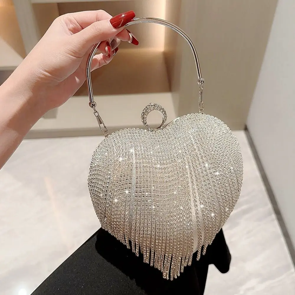 

Tassel Evening Bag Elegant Heart-shaped Rhinestone Decorative Dinner Bag Handbags Wedding Party