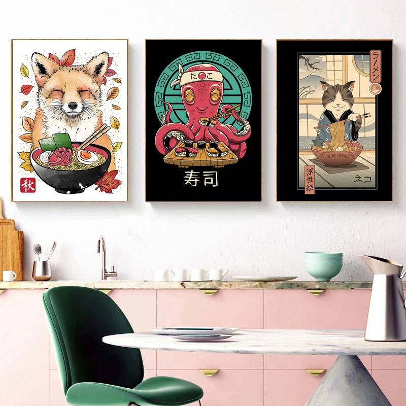 Japanese Ramen Sushi Samurai Cat Posters and Prints Ukiyo E Food Canvas Painting Wall Art Pictures Print Kitchen Room Home Decor