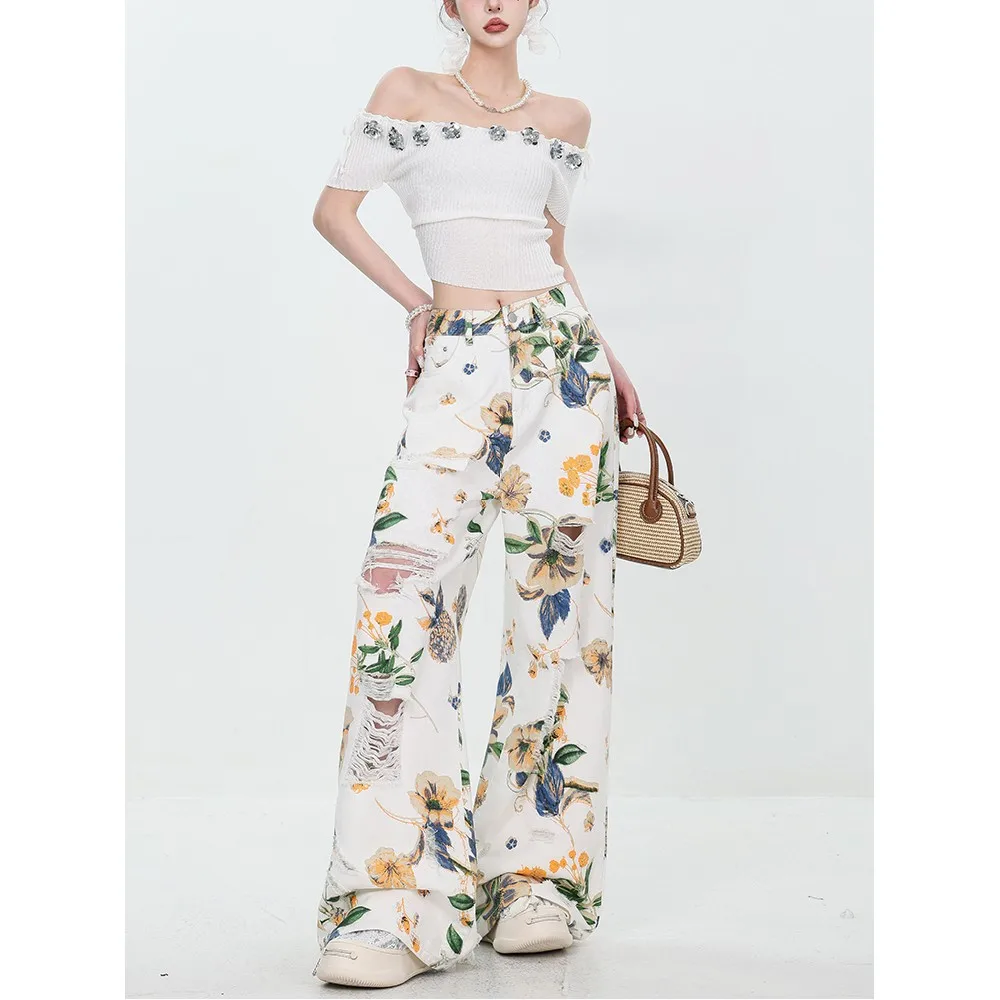 

ZHISILAO New Floral Print White Wide Leg Jeans Women Vintage Full Length Denim Pants Streetwear 2024