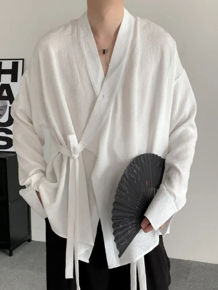 

Men's Long Sleeve Shirt with Belt Slanted Hem Embroidered High-End Feeling Spring Autumn New Chinese Style Casual Shirt