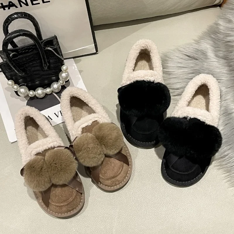 2024 Winter New Women's Fleece-lined Warm Cotton Shoes Anti-slip Bread Shoes Integrated Leather Outerwear Snow Boots