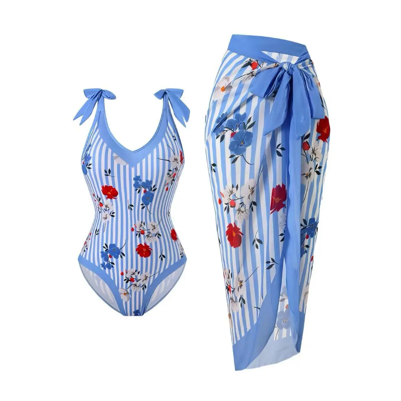 Costume da bagno intero da donna con stampa floreale bohémien, set da bagno elegante, stile abito in due pezzi per le vacanze estive