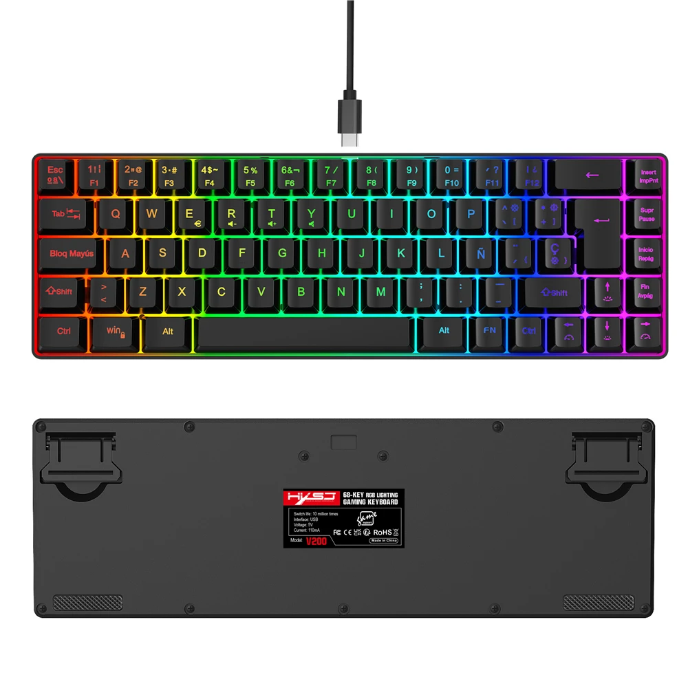 

V200 With Spanish Wired 68Key RGB Streamer Mini Gaming Keyboard 19-Key Conflict-Free Membrane Keyboard But Mechanical Feel