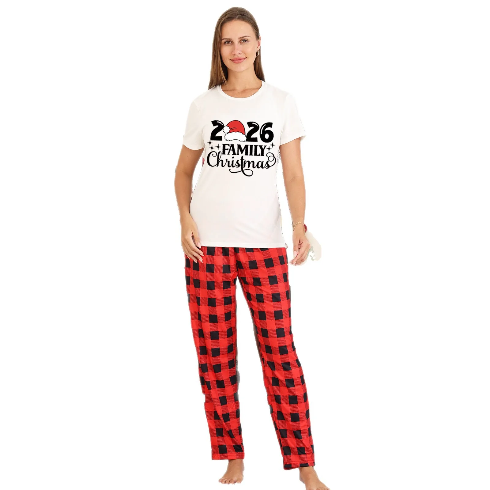 Merry Xmas Short Sleeve T-shirt+long Pants Matching Outfits for Family Photoshoot Cartoon Print Cute Loose Christmas Pajamas Set