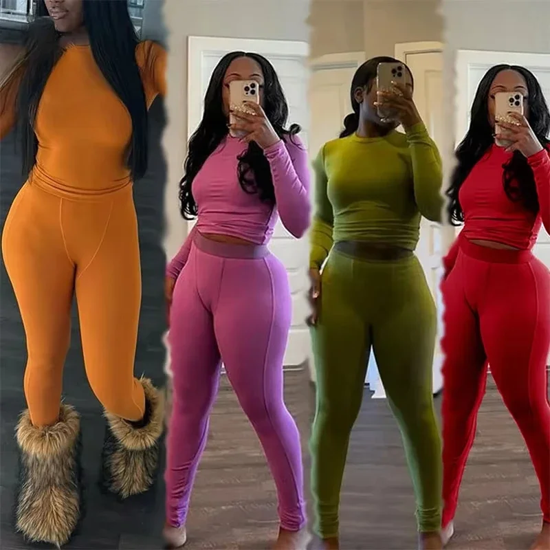 

New Ribbing 2 Piece Sets Women Outfit Solid Long Sleeve Crop Top + High Waist Leggings Suits Sportswear