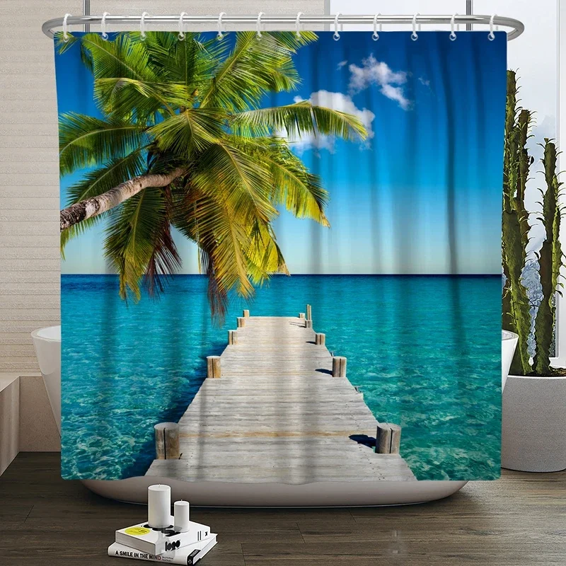 Summer Seaside Shower Curtains Ocean Beach View Coconut Trees Bath Curtain Polyester Fabric Bathroom Restroom Decor with Hooks