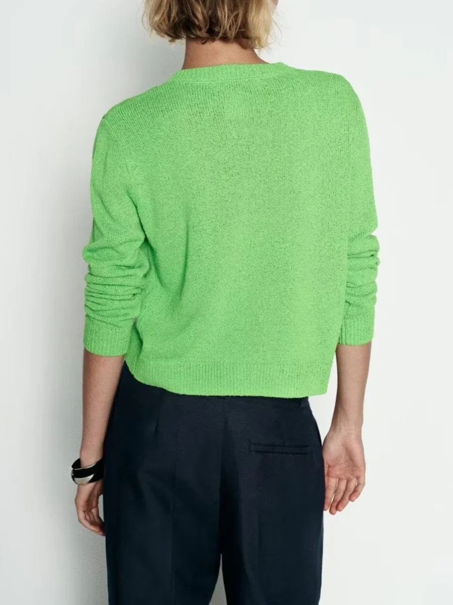 New Arrival Autumn ZA2024 Women's Knitted Long Sve round Ne Single Button Coat Versatile Simple Sle Commute Faion