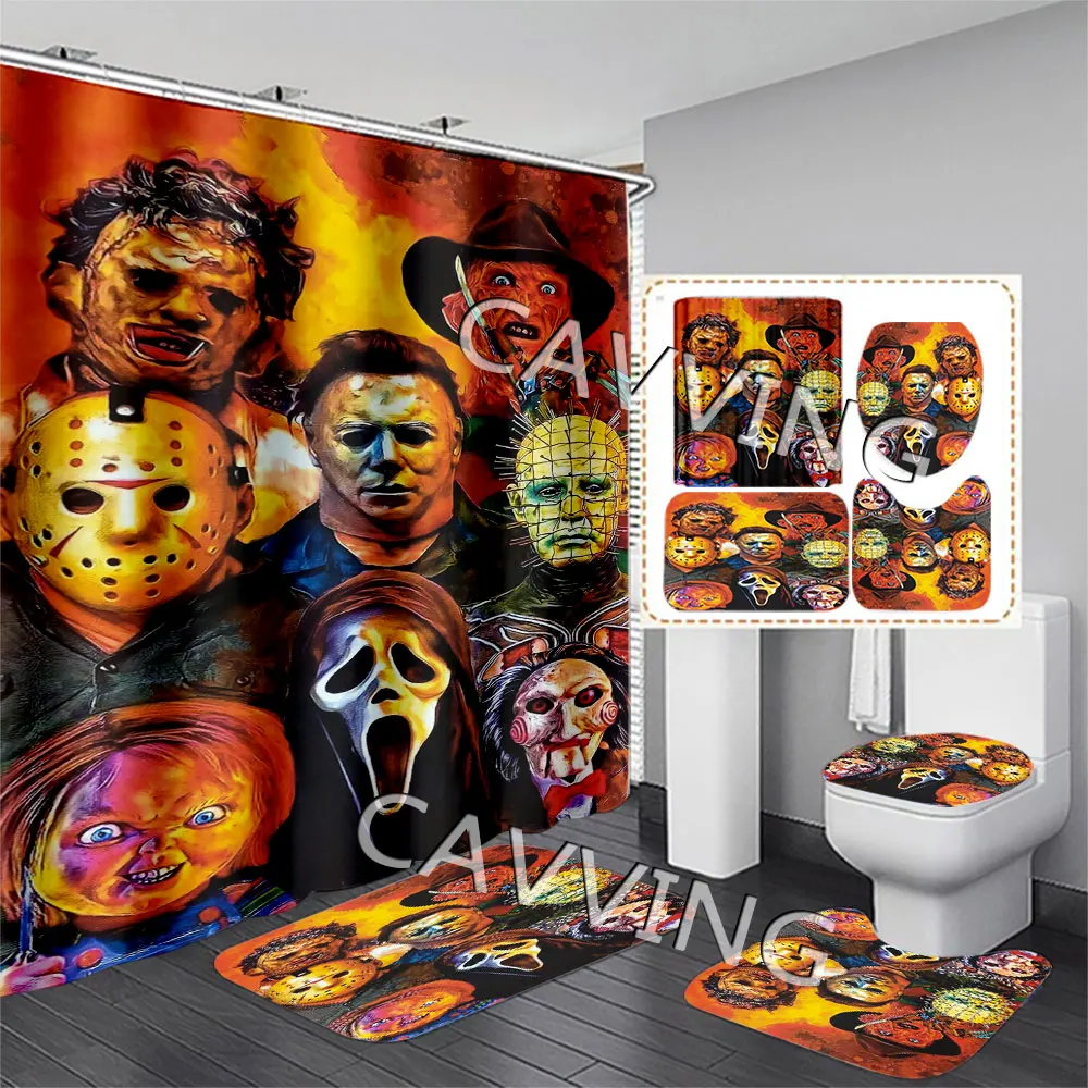 Horror Movies Characters 3D Printed  Shower Curtains Waterproof Bathroom Curtain Anti-slip Bath Mat Set Toilet Rugs Carpet   F02