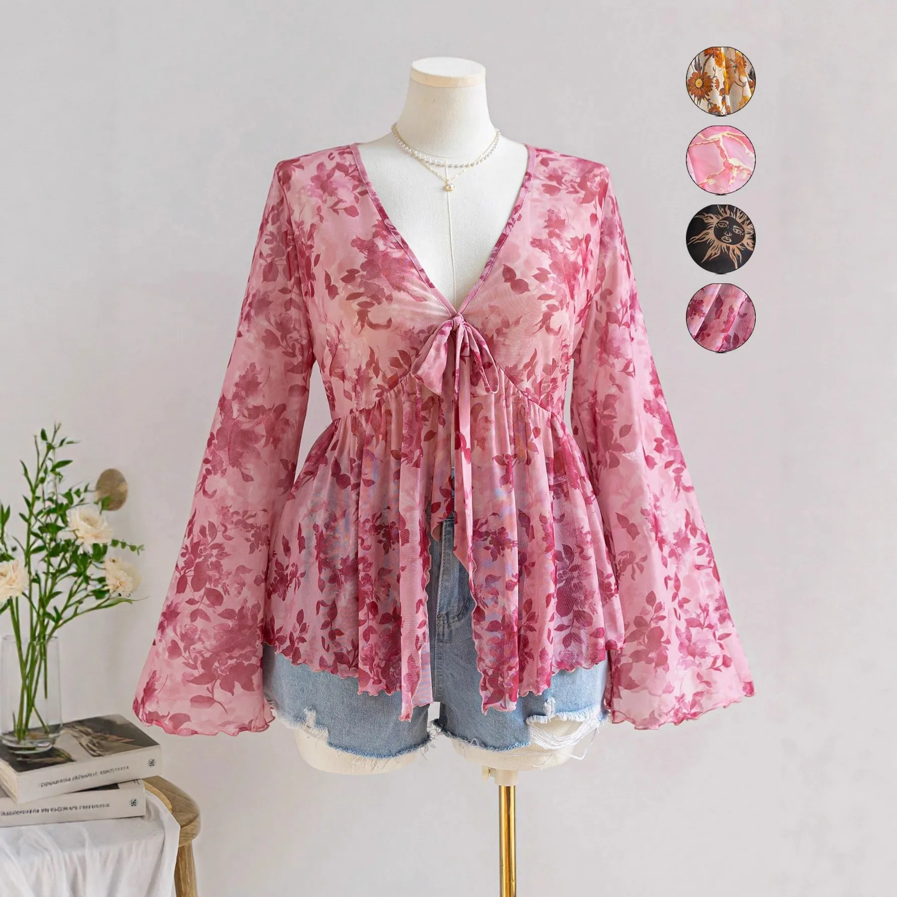 

Summer Women's Blouse V Neck Floral Print Flared Sleeve Blouses Loose Fit Cropped Chiffon Blouse Pink Tie Front Sheer Top