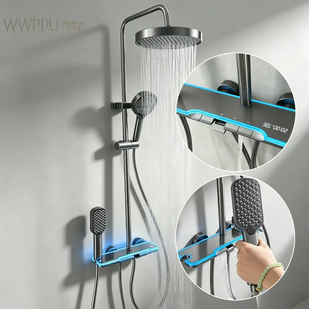 WWPPU Intelligent Digital Bathroom Shower Faucet Set Temperature Display Shower Set Four Function Brass Shower System Set