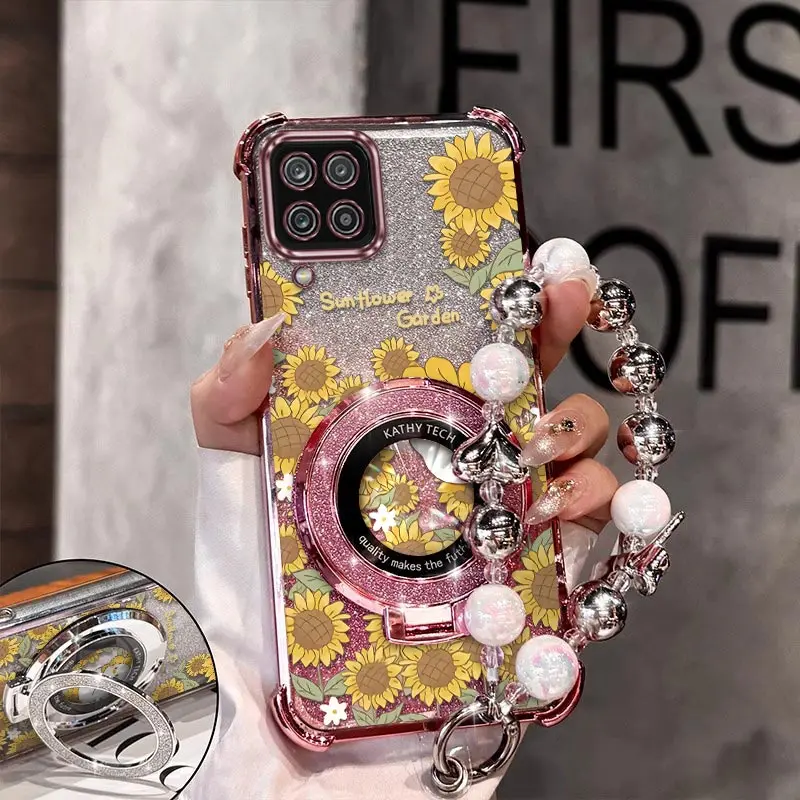 

A12 Rural sunflower Plating Bracelet Holder Phone Case For Samsung Note 20 10 A03S M13 A04 A22 A02 A15 A13 M12 F12 A03 M56 Cover