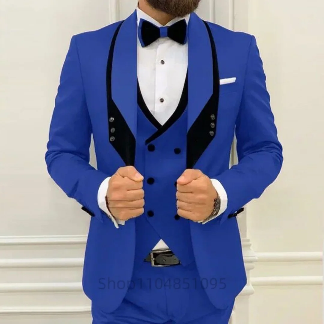Latest Coat Vest Pant Designs Royal Blue Men Wedding Suit Shawl Lapel Formal Groom Tuxedo Wedding Suit For Men Prom Party Dress