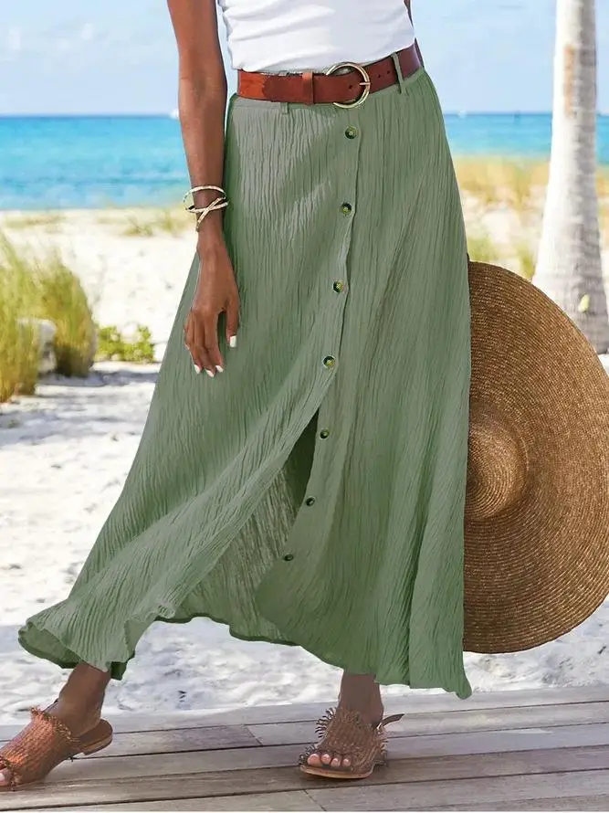 

2025 Women Skirt Spring Summer New Fashion Casual Cotton And Linen Solid Color Buttons Skirt Split A- Line Hip Waist Long Skirt