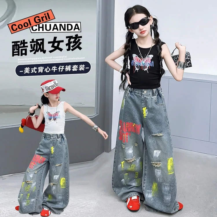 Girls Hip Hop Dance Costume Set Cotton Butterfly Vest Graffiti Ripped Denim Wide Leg Pants Kid Trousers Child Clothes Outfits