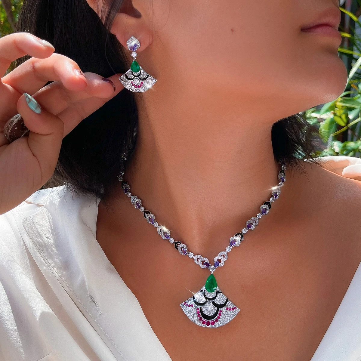 CWWZircons Elegant Long Chain Wedding Jewelry Sets for Women CZ Necklace Earring Set Dubai Saudi Arabia Bridal Accessory T1038