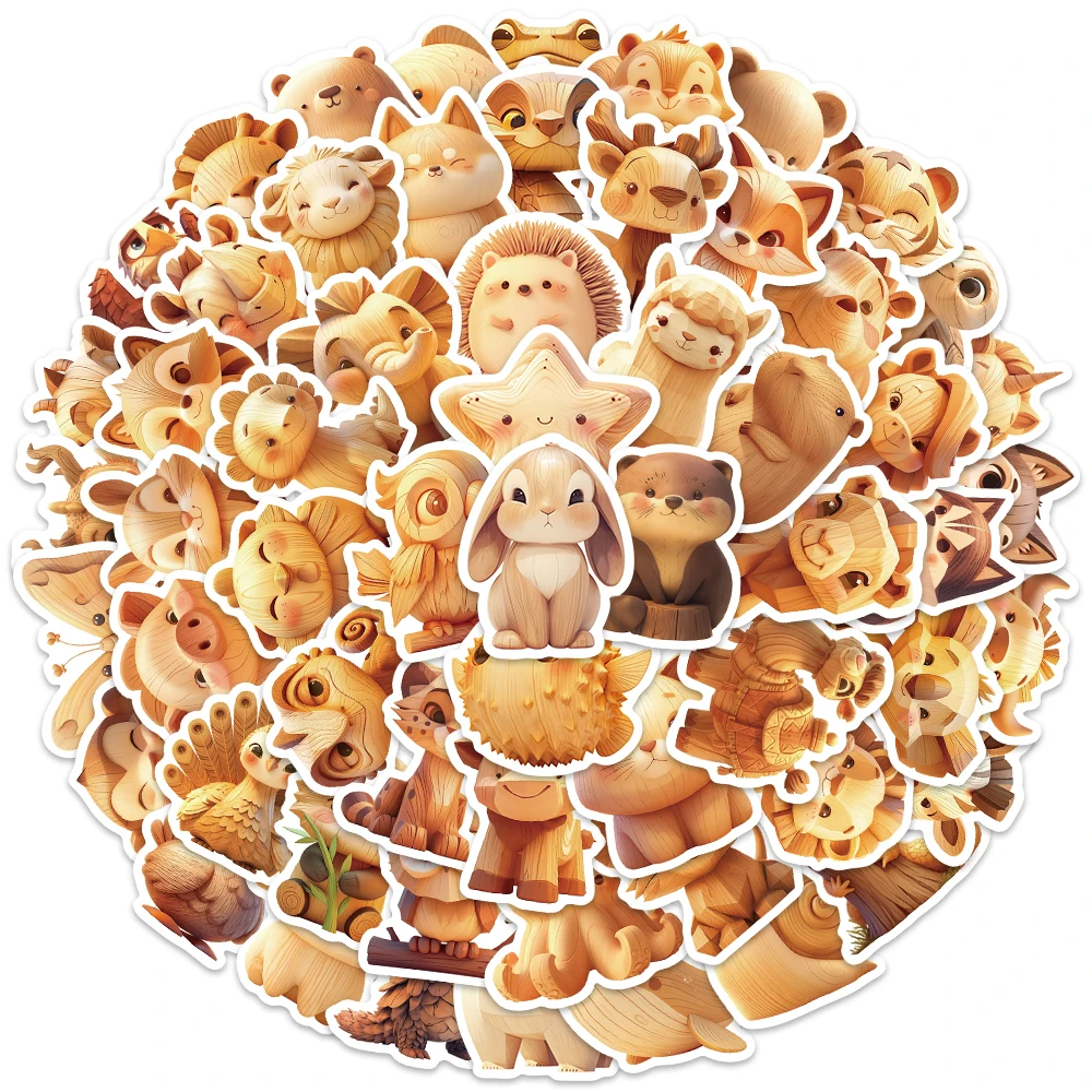 60pcs Cute Cartoon Wood Carving Animals Stickers Kids Aesthetic Water Bottle Sticker Luggage Laptop Diary Waterproof Vinyl Decal