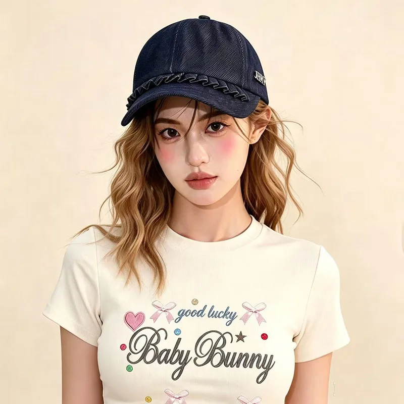 Japanese style demin pleated lace cap for women fashionable versatile show face small cowboy sunshade Duckbill Cap